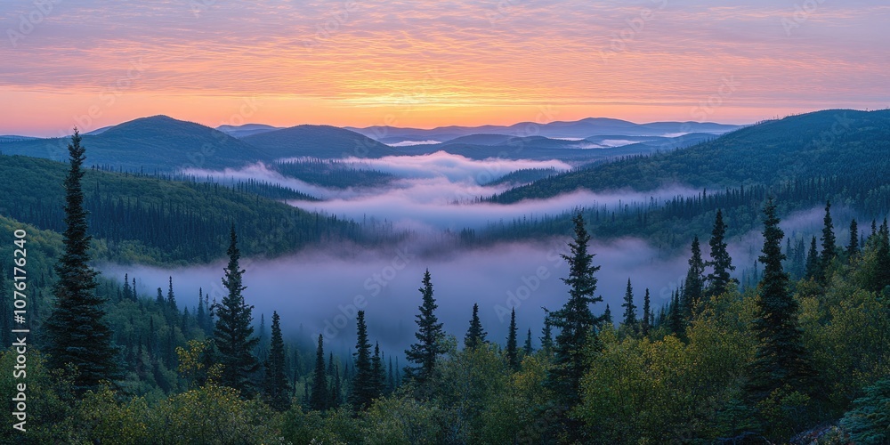 Fototapeta premium Sunrise illuminating misty valley and rolling hills in appalachian mountains
