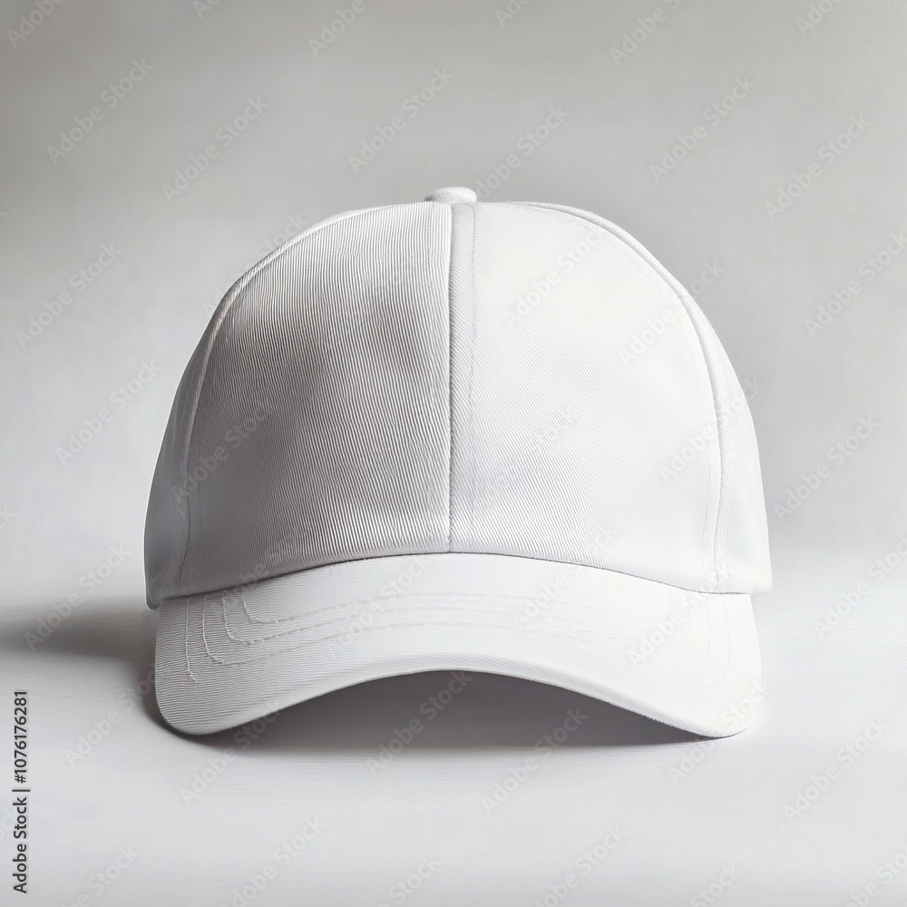 Front view of a plain white cap, displayed on a clean, white background. The cap is centered in a studio setting with soft, even lighting and no shadows. generative ai Front view of a plain white cap, displayed on a clean, white background. The cap is centered in a studio setting with soft, even lighting and no shadows. generative ai