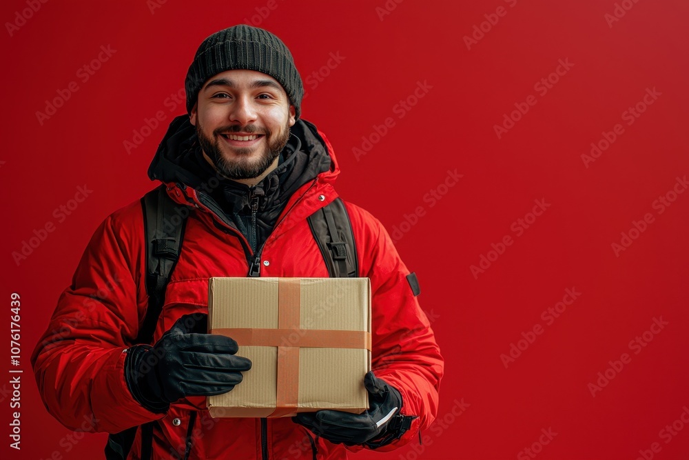 Smiling Delivery Man in Red Jacket Holding a Package, Ready for a Successful Delivery Smiling Delivery Man in Red Jacket Holding a Package, Ready for a Successful Delivery