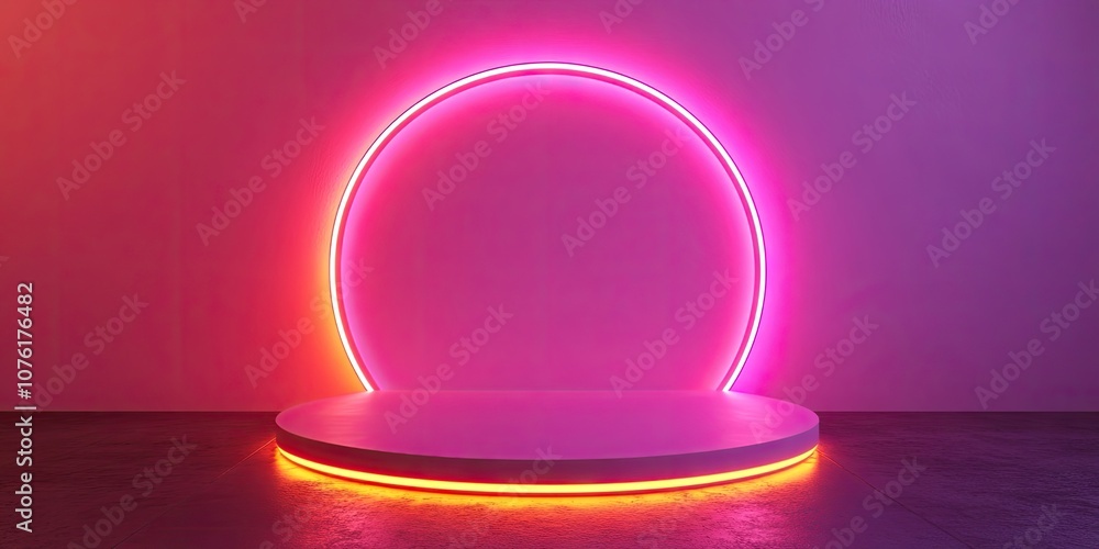 Neon gradient LED lights create a captivating backdrop, featuring a simple circular podium set against a beautifully blended gradient. This is a 3D rendering. Neon gradient LED lights create a captivating backdrop, featuring a simple circular podium set against a beautifully blended gradient. This is a 3D rendering.