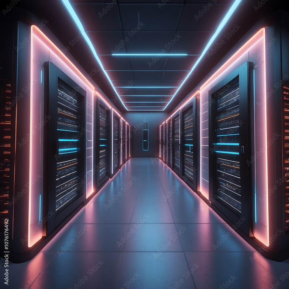 Fototapeta premium Modern Digital Infrastructure, Inside a Data Center Server Room, Sleek Data Center With Rows of Glowing Servers, Hinting at Cybersecurity and Cloud Storage Themes