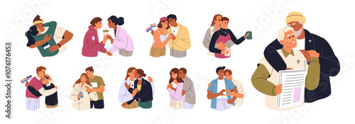 Diverse romantic couples love each other set. Young and senior men and women in relationships hug, kiss. Different beloveds, LGBT lovers. Flat vector illustrations isolated on white background