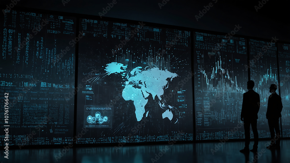 Abstract Urban Solitude, Mysterious Neon, Silhouette of a Person Standing in Front of a Giant Digital Screen With a Flow of Data Showing Various Cyber Threats and Vulnerabilities, Futuristic Abstract Urban Solitude, Mysterious Neon, Silhouette of a Person Standing in Front of a Giant Digital Screen With a Flow of Data Showing Various Cyber Threats and Vulnerabilities, Futuristic