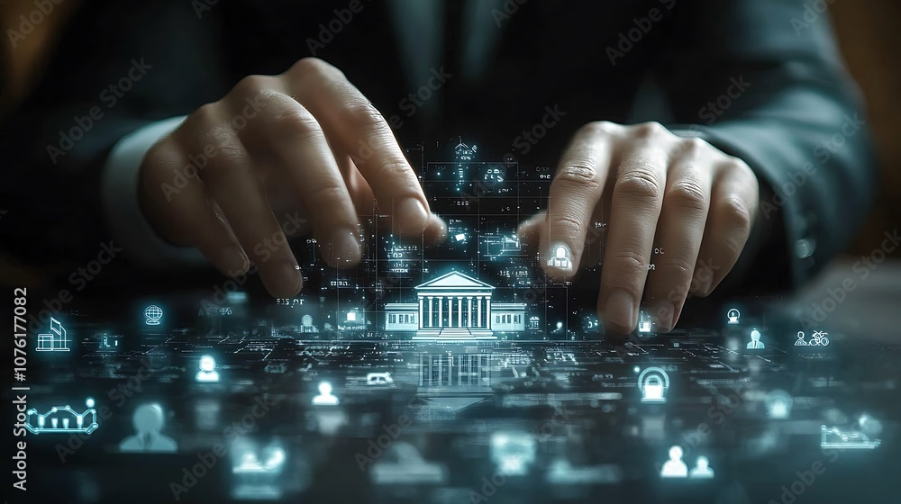 Businessman is touching a digital icon of justice and law Businessman is touching a digital icon of justice and law