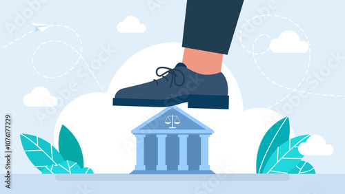 A businessman crushes a courthouse with his foot, the destruction of justice. Collapse, crash, bankrupt, ruined building. Bankruptcy. Breakdown, insolvency, financial crisis. Vector illustration