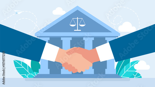 Pre trial agreement handshake concept. Contract and agreement deals. Agreement and sign legally binding documents. Management contract, buy, sell, rent, borrow. Flat design. Vector illustration.