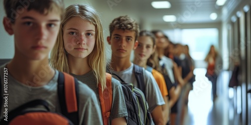 A line of students waiting in a school hallway. Their expressions are thoughtful and curious. The scene captures a moment of youth and learning. This image conveys a sense of community. AI photo