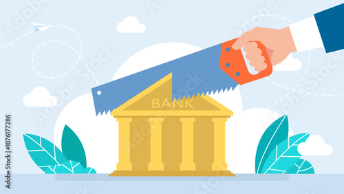 Bank being sawed to steal money. Money allocation. Financial mistake, planning, investment risk management, loss in economic crisis or robbery and fraud concept. Loss savings. Vector illustration