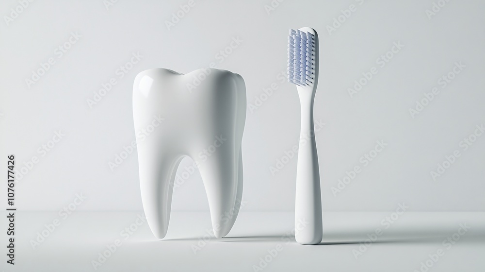 A realistic depiction of a single tooth with a toothbrush beside it, minimalist design, health demonstration concept, isolated on a white background A realistic depiction of a single tooth with a toothbrush beside it, minimalist design, health demonstration concept, isolated on a white background
