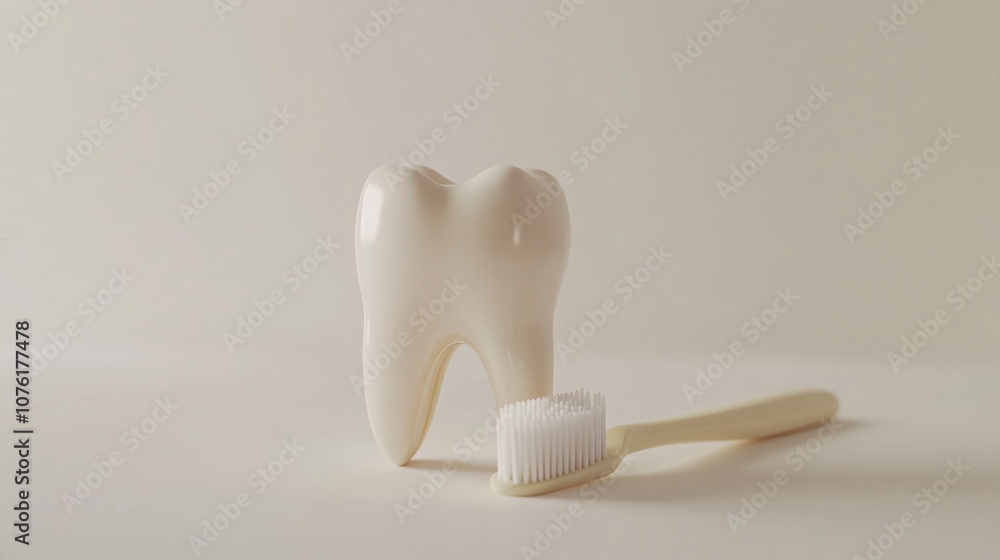 A realistic depiction of a single tooth with a toothbrush beside it, minimalist design, health demonstration concept, isolated on a white background A realistic depiction of a single tooth with a toothbrush beside it, minimalist design, health demonstration concept, isolated on a white background