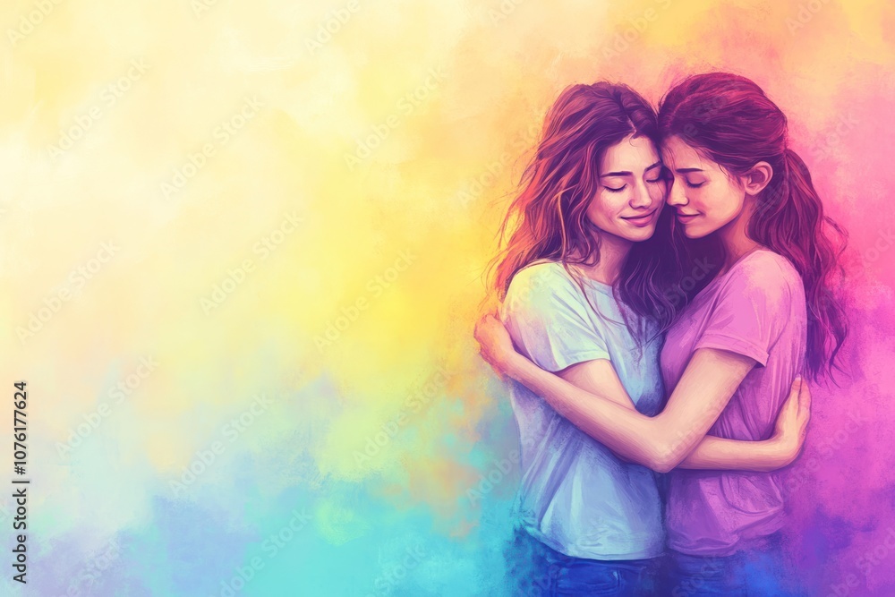 Two women embrace in a colorful, artistic background, conveying warmth and connection. Two women embrace in a colorful, artistic background, conveying warmth and connection.
