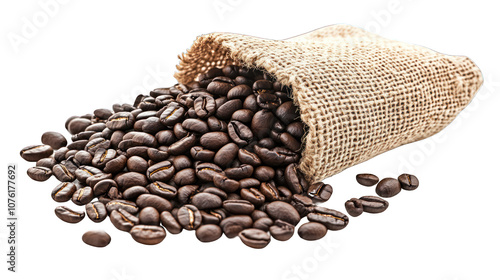 view of coffee beans spilling out of a burlap sack transparant background