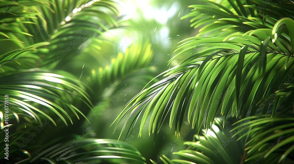 adventure nature background of green forest, a close-up of tropical forest in green filter at sunlight.