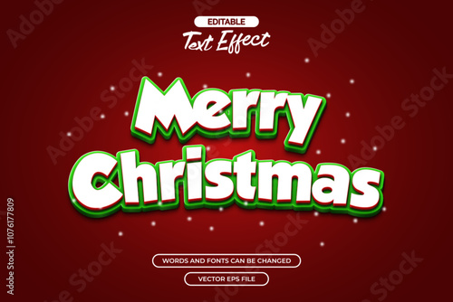 3d Merry Christmas editable text effect with snow decoration and green background