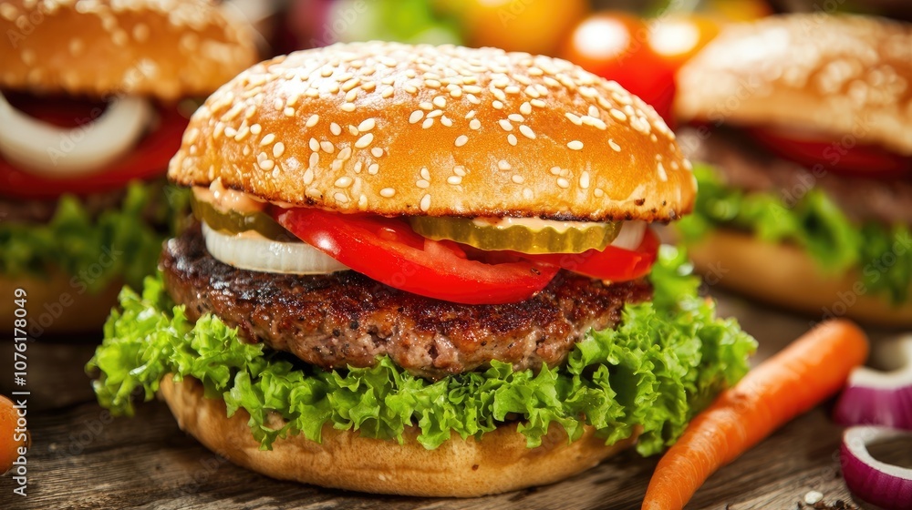 Close-up of a delicious burger with meat and fresh vegetables, capturing the essence of a perfect burger. Ideal for food enthusiasts and promotional material with ample copy space. Close-up of a delicious burger with meat and fresh vegetables, capturing the essence of a perfect burger. Ideal for food enthusiasts and promotional material with ample copy space.