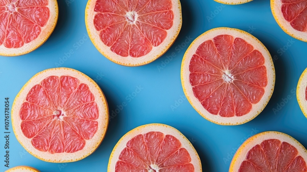 A collection of pink grapefruit slices arranged against a vibrant blue background, highlighting the fresh and juicy texture of the pink grapefruit. Ideal for food photography with ample copy space. A collection of pink grapefruit slices arranged against a vibrant blue background, highlighting the fresh and juicy texture of the pink grapefruit. Ideal for food photography with ample copy space.
