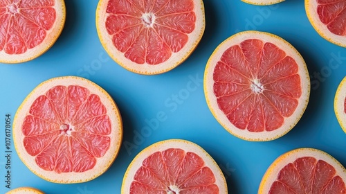 A collection of pink grapefruit slices arranged against a vibrant blue background, highlighting the fresh and juicy texture of the pink grapefruit. Ideal for food photography with ample copy space.