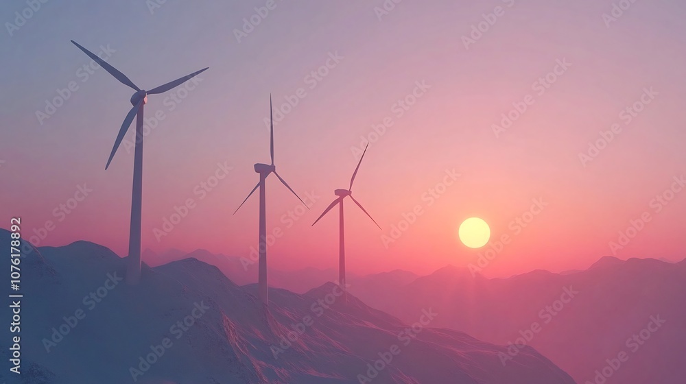 Fototapeta premium Wind Turbines Silhouetted Against Majestic Mountain Sunrise Landscape with Renewable Energy
