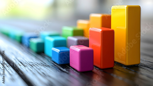 Colorful 3D bar graph on wooden table, representing business data, progress, or analysis. Vibrant blocks in focus.