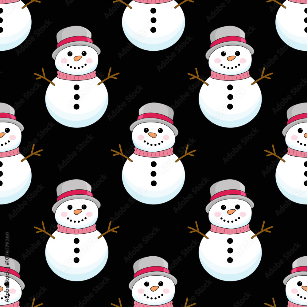 Seamless Christmas pattern with snowmen. Winter pattern for the new year on a black background Seamless Christmas pattern with snowmen. Winter pattern for the new year on a black background