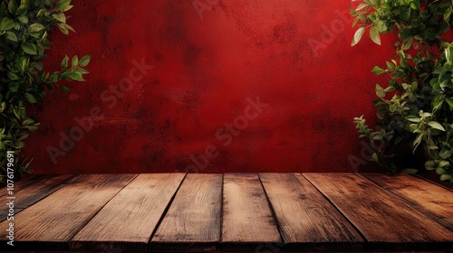 Wood table paired with a vibrant red grilling background, perfect for highlighting culinary creations. The wood table offers a rustic charm that complements the grilling theme. photo