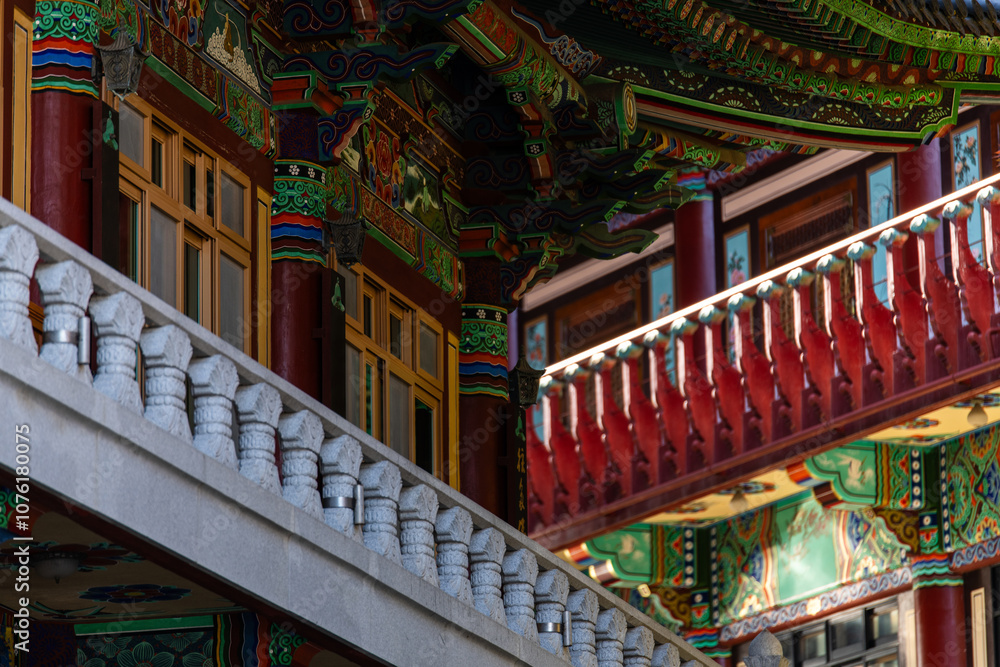 low-angle view of the Buddhist temple building low-angle view of the Buddhist temple building