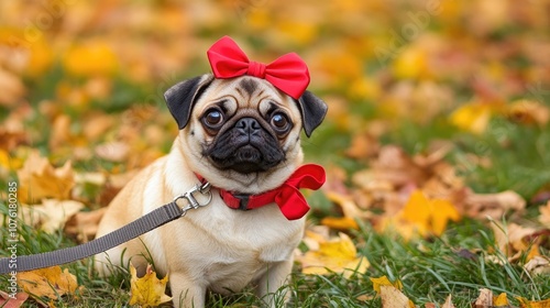 Pug dog adorned with a red bow sits calmly behind a stainless steel leash, set against a backdrop of grass and vibrant yellow foliage, perfect for capturing autumn dog walks.