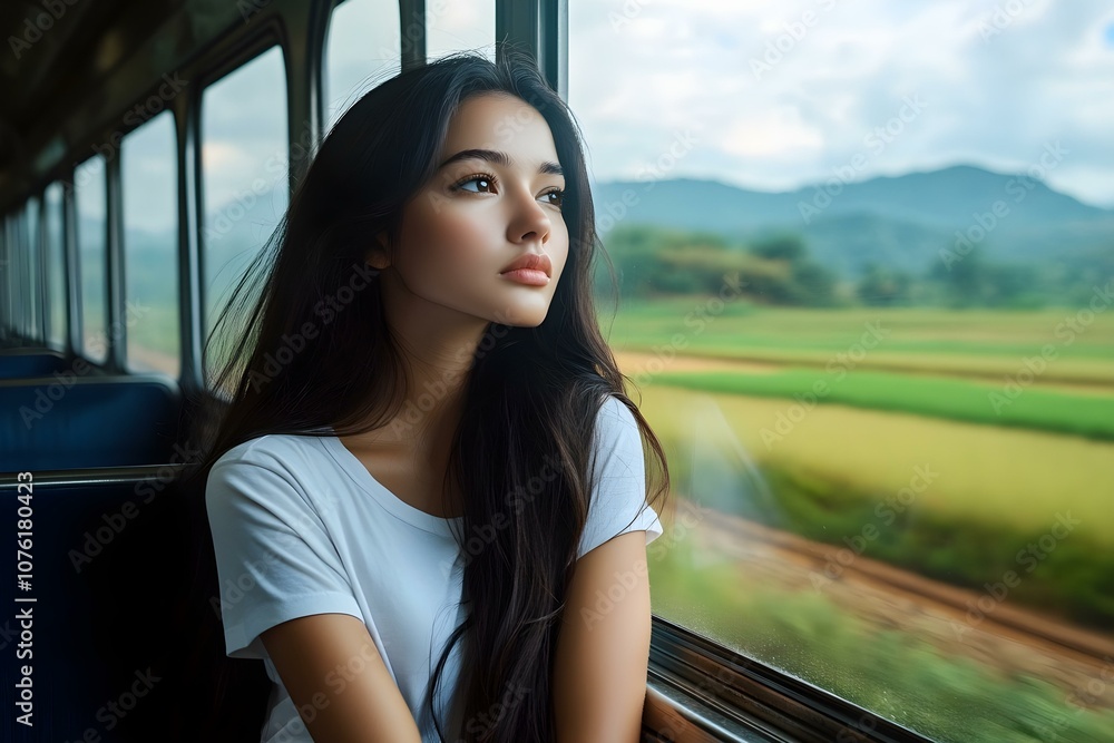 young pretty woman traveling train sitting near the window travel young pretty woman traveling train sitting near the window travel