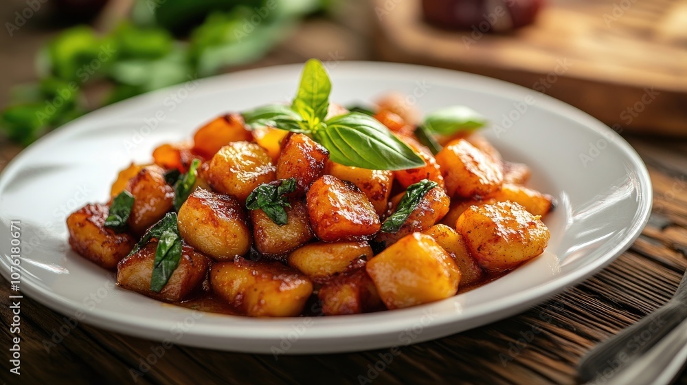 Delicious potato gnocchi presented elegantly on a white plate, garnished with fresh basil. This image of potato gnocchi offers vibrant colors and space for creative use. Delicious potato gnocchi presented elegantly on a white plate, garnished with fresh basil. This image of potato gnocchi offers vibrant colors and space for creative use.