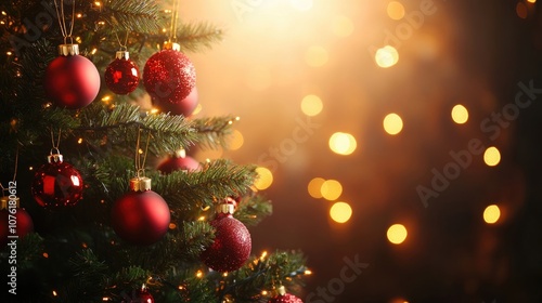 Elegant Christmas tree adorned with red ornaments and glowing golden lights, offering a detailed view and ample copy space for festive themes and celebrations.