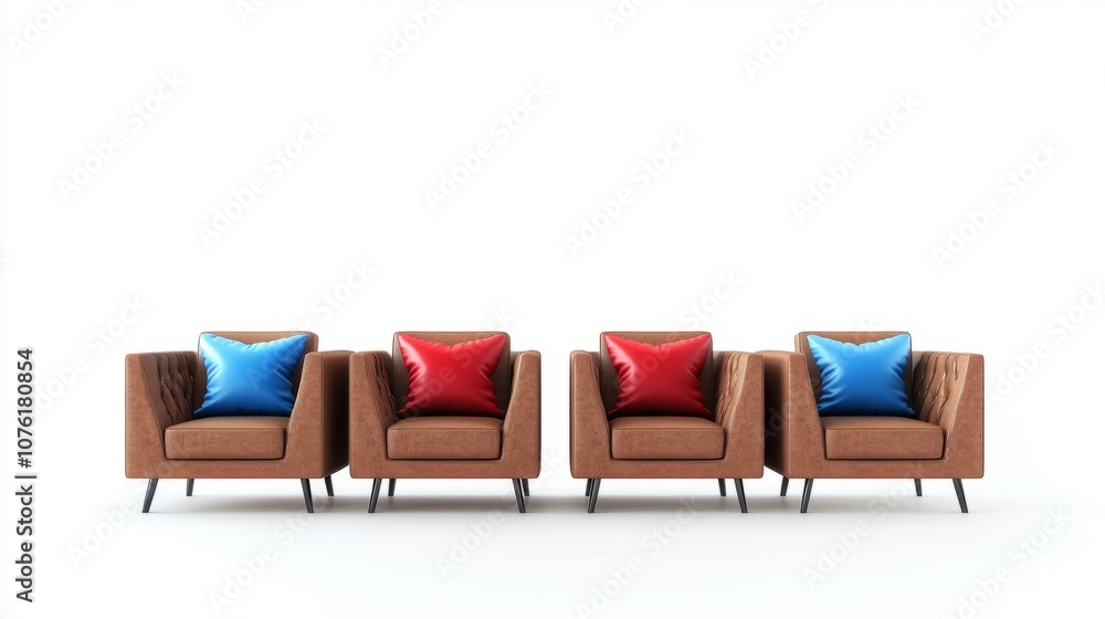 Set of contemporary brown armchairs with soft cushions in red and blue, arranged with a minimalist look against a white background