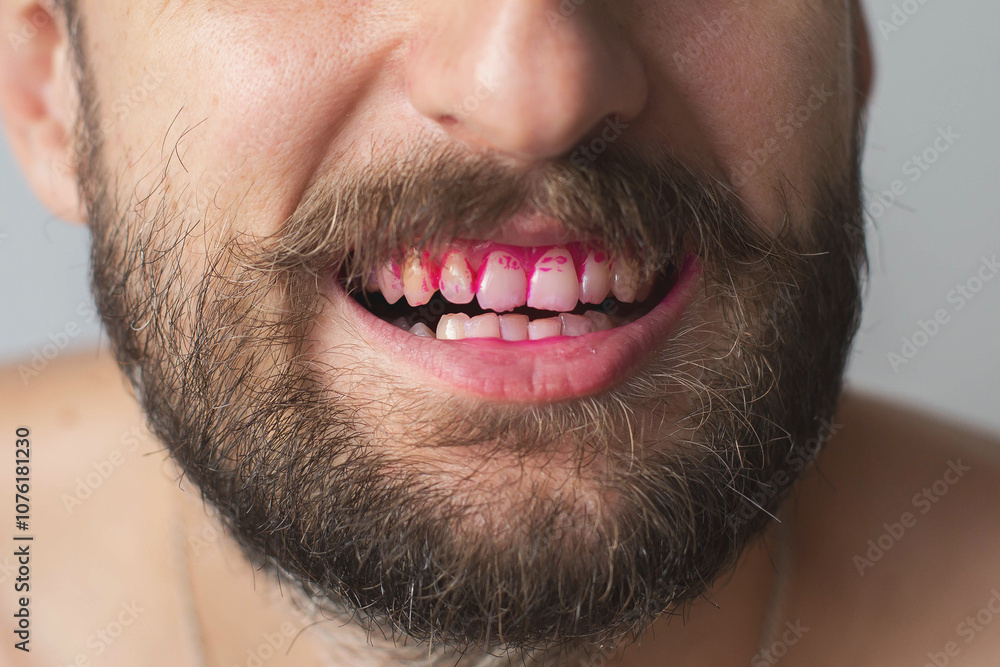 Obraz premium Close up of adult men s teeth with pink plaque indicator solution applied to teeth, concept of dental hygiene and health