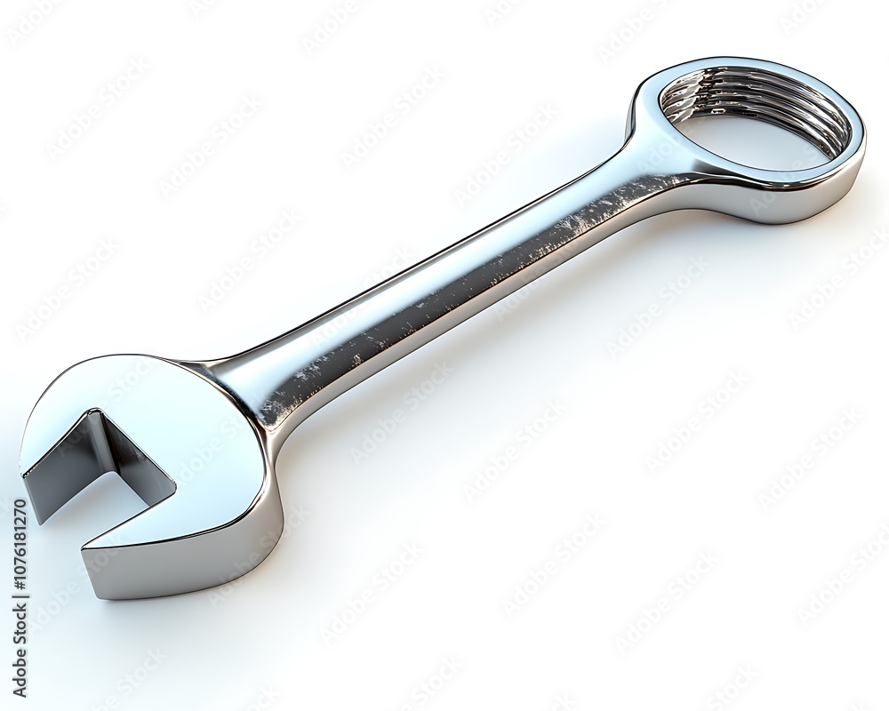 A shiny metal wrench, isolated on a white background, showcasing its sturdy construction and practical use A shiny metal wrench, isolated on a white background, showcasing its sturdy construction and practical use