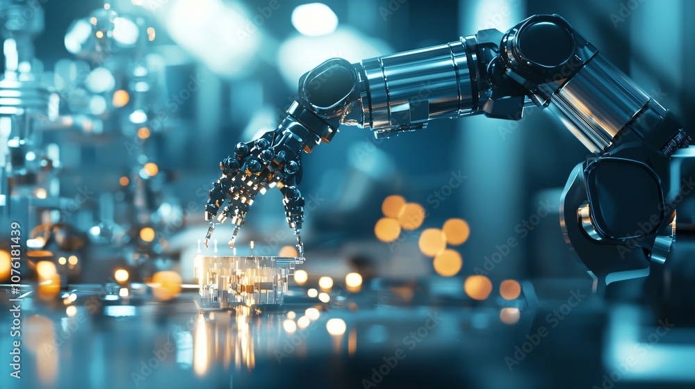 Explore the advanced functionality of a robotic arm in a high-tech factory environment for enhanced automation and efficiency Explore the advanced functionality of a robotic arm in a high-tech factory environment for enhanced automation and efficiency