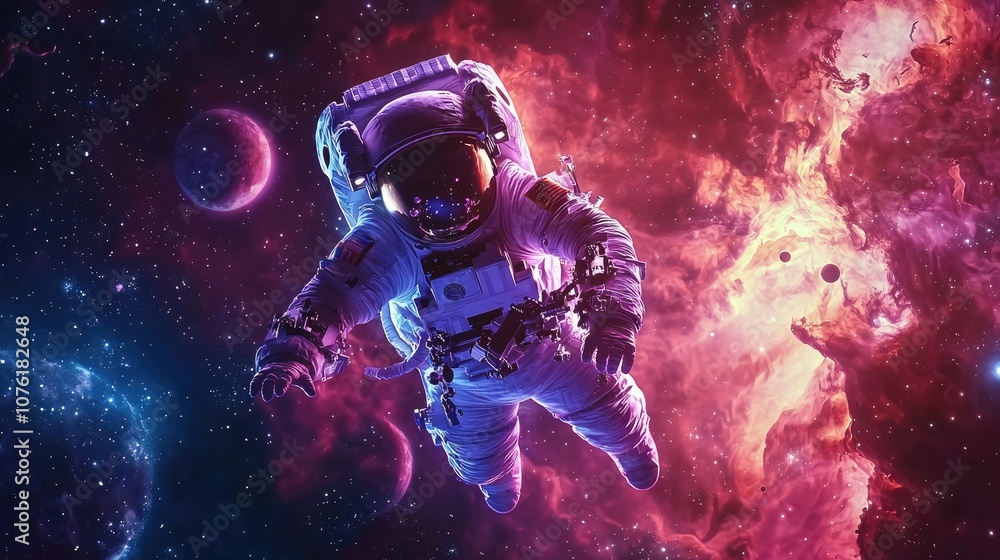 Create an ultra-realistic image featuring an astronaut floating in space with a navy-blue, purple, and peach color palette. Create an ultra-realistic image featuring an astronaut floating in space with a navy-blue, purple, and peach color palette.