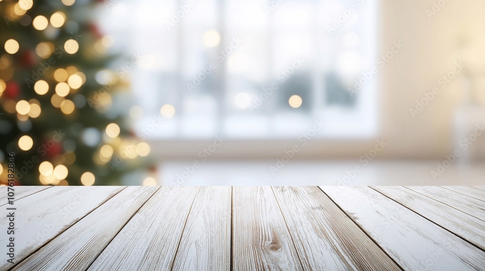 Wooden tabletop with copy space for advertising a Christmas and New Year product. The background with a blurred home interior, festive decor, glowing lights, a Christmas tree, a warm holiday ambiance Wooden tabletop with copy space for advertising a Christmas and New Year product. The background with a blurred home interior, festive decor, glowing lights, a Christmas tree, a warm holiday ambiance