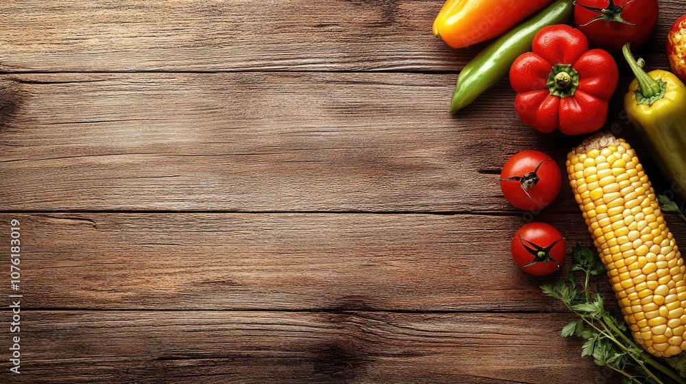 Fresh corn on the cob, vibrant sweet pepper, and ripe tomato are arranged beautifully on a wooden background, creating a colorful composition with ample copy space. Fresh corn on the cob, vibrant sweet pepper, and ripe tomato are arranged beautifully on a wooden background, creating a colorful composition with ample copy space.