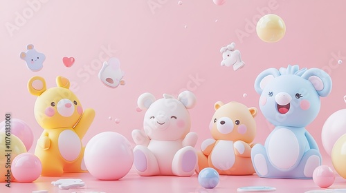 Wallpaper Mural cute 3d fluffy pastel colored animals playing with stickers Torontodigital.ca