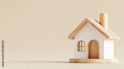 Simple house icon with a chimney on a flat beige background minimal