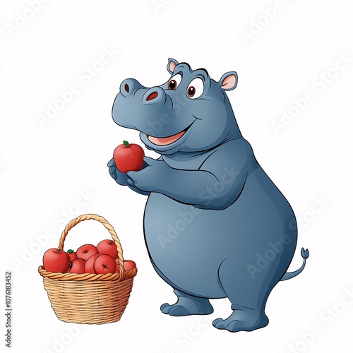 Happy Hippo Picks Apples from Tree