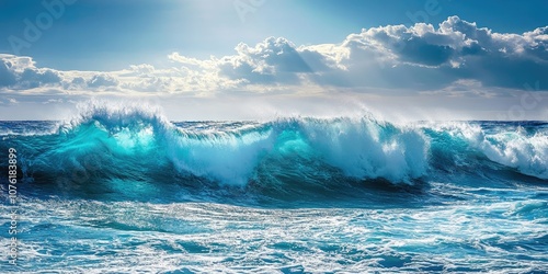 A tumultuous sea features strong ocean waves that crash with white foam, all occurring under the radiant sunshine. The scene depicts the ferocity and beauty of the stormy waters.