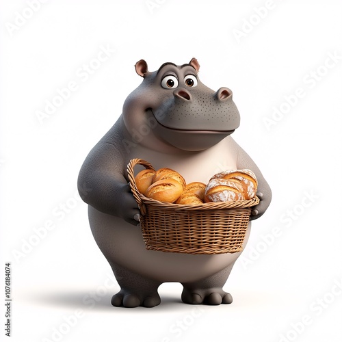 Cute Hippo with a Basket of Freshly Baked Bread