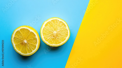 Two vibrant lemon slices on a blue-yellow background create a lively composition. This wide photo offers ample free space for creative advertising ideas and designs. photo