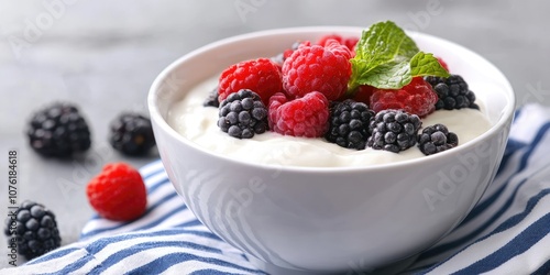 A white bowl filled with Greek yogurt topped with fresh berries and mint sits atop a blue and white striped tablecloth, all set against a grey backdrop.