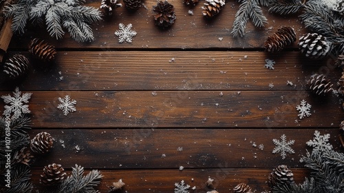 Vertical top view of a wooden table adorned with symbols of winter, Christmas, New Year, and holiday, providing ample copy space for seasonal promotions.