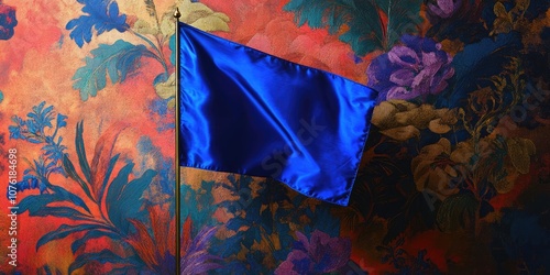 A regal royal blue silk flag stands out against an opulent, vibrant backdrop, stirring feelings of nostalgia and joyous celebration. photo