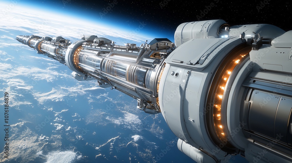 Futuristic Space Elevator Stretching Toward Earth Futuristic Space Elevator Stretching Toward Earth