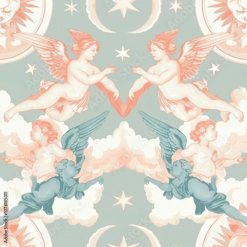 A seamless celestial pattern with cherubs, archangels, and stars in soft pastel tones. The ethereal design captures a sense of divine beauty and spiritual whimsy