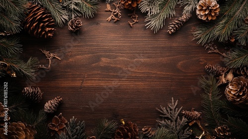 Vertical top view of a wooden table adorned with symbols of winter, Christmas, New Year, and holiday, providing ample copy space for seasonal promotions. photo