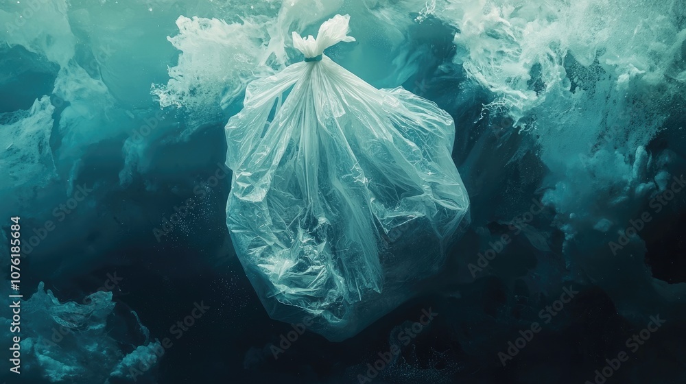 Plastic grocery bag adrift in the sea, illustrating the impact of ...